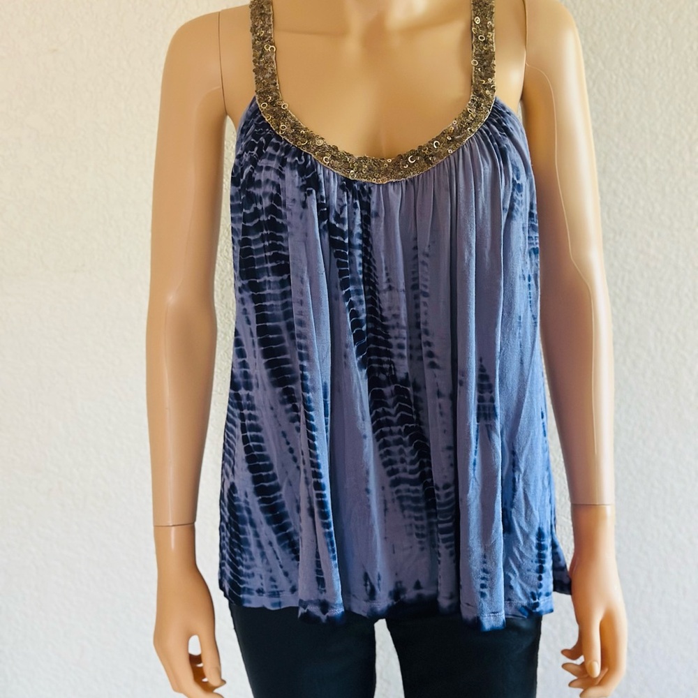Velvet Brand Gold and Blue Sequin Trim Tank Top